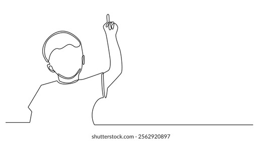 continuous line drawing of boy pointing up.one line drawing of boy pointing finger up.smart kid at school.single line vector illustration