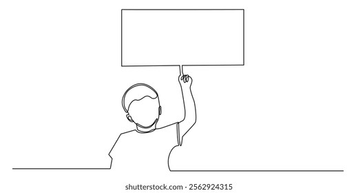 continuous line drawing of boy pointing at blank banner.one line drawing of boy pointing at blank banner above head.single line vector illustration.isolated white background