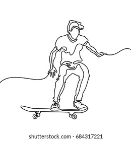 Continuous line drawing. Boy riding a skateboard. Vector Illustration