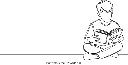 continuous line drawing of boy sitting cross-legged on floor reading a book, line art vector illustration