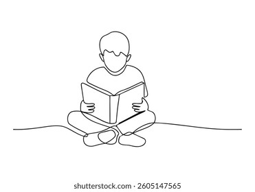 Continuous line drawing of a boy sitting on the floor reading a book in a minimalist one-line art style

