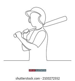 Continuous line drawing of The boy is standing in a helmet and with a baseball bat. Silhouette of a young baseball player. Template for your design. Vector illustration.
