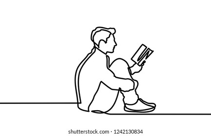Continuous line drawing. Boy studying with reading book. Back to school concept. Vector illustration on white background