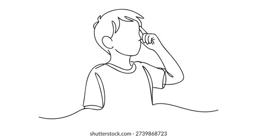 Continuous line drawing of a boy thinking with hand on head. One line drawing for smart child, education, and problem solving concept.