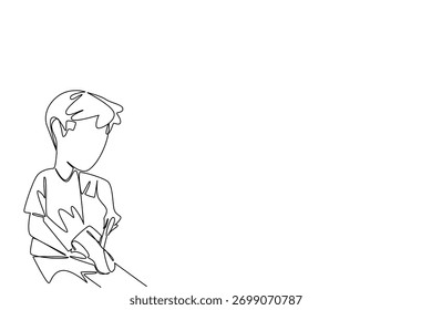 Continuous line drawing of a boy working with a hand tool to repair the shoe, representing hardship, child labor, global action in a social awareness concept for World Day Against Child Labor.
