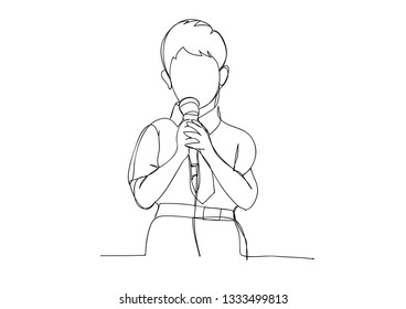 Continuous line drawing of boys standing with a microphone