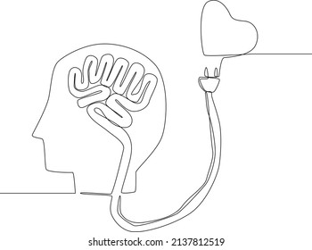 Continuous line drawing of brain and hear are connected by wire. Symbol medicine. Vector illustration.