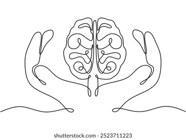 Dibujo de línea continua de un cerebro sostenido por dos manos. Una simple ilustración de intelecto y cuidado. Ilustración vectorial.