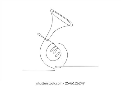 A continuous line drawing of a brass instrument, showcasing artistic simplicity and elegance.