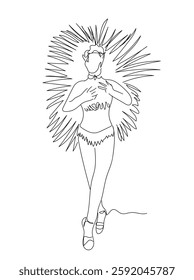 Continuous line drawing brazilian samba dancers. Vector carnival girl dancing. Rhythm, dance studio, unique vector image, dancer, logo. Hand made vector not Al