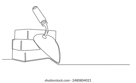 Durchgehende Linienzeichnung von Ziegeln und Schaufeln.Eine Linie Vektorgrafik von Ziegeln und Schaufeln im Bauprozess.Eine Linie Vektorillustration.Isolierter weißer Hintergrund