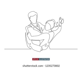 Continuous line drawing of bride and groom dancing at wedding ceremony. Template for your design works. Vector illustration.