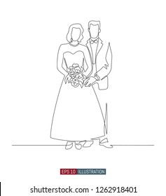 Continuous line drawing of bride and groom with bridal bouquet at wedding ceremony. Template for your design works. Vector illustration.