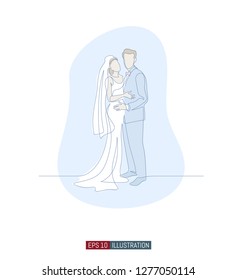 Continuous line drawing of bride and groom at wedding ceremony. Template for your design works. Vector illustration.