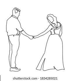 Continuous line drawing of bride and groom dancing at wedding ceremony. Template for your design works. Vector illustration.