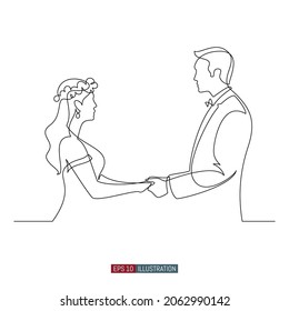 Continuous line drawing of bride and groom at wedding ceremony. Template for your design works. Vector illustration.