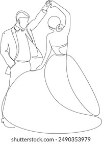 Continuous line drawing of bride and groom dancing. Love concept in love vector illustration.  Without artificial intelligence