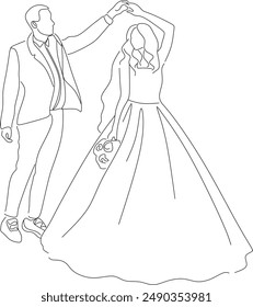 Continuous line drawing of bride and groom dancing. Love concept in love vector illustration.  Without artificial intelligence