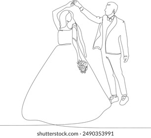 Dibujo de línea continua de novia y novio bailando. Concepto de amor en la Ilustración vectorial de amor.  Sin inteligencia artificial