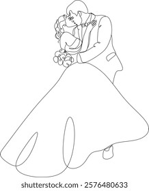 Continuous line drawing of bride and groom dancing. Love concept in love vector illustration. Hand drawn without artificial intelligence