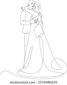 Continuous line drawing of bride and groom dancing. Love concept in love vector illustration. Hand drawn without artificial intelligence