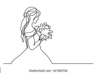 continuous line drawing of bride holding bouquet