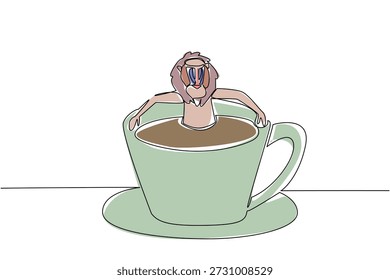 Kontinuierliche Linie Zeichnung von hellen Primaten Mandrill für die Natur Konzept Features süße Tier Einweichen in Kaffeetasse. Bunte Kunst steht für ein internationales Affentag-Thema mit einem verspielten Affen