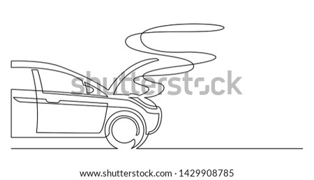 continuous line drawing of broken car with opened hood