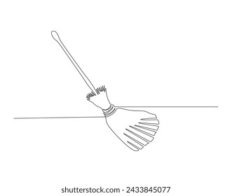 Continuous Line Drawing Of Broom. One Line Of Broom. Broom Cleaner Continuous Line Art. Editable Outline.
