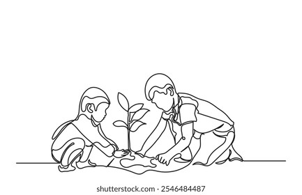 Dibujo de línea continua de hermanos y hermanas plantando árboles. Voluntarios e ilustraciones de concepto de estilo de vida ecológico. Cuide el medio ambiente Vector de arte de línea aislado en un fondo blanco