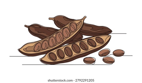 Continuous line drawing of brown carob pods and small seeds representing healthy natural cocoa substitute on a white background.