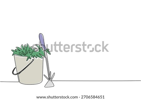 Continuous line drawing of bucket filled with weeds or plants, next to a small garden hoe and trowel. The gardening tools and results of garden weeding. National Weed Your Garden Day event.