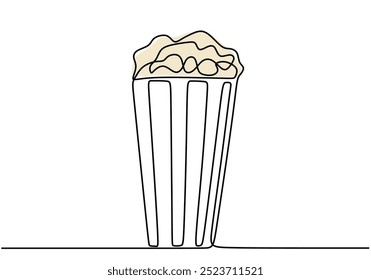 Dibujo de línea continua de un cubo de palomitas de maíz, que representa el entretenimiento y el disfrute durante la visualización de películas en un formato elegante y limpio.