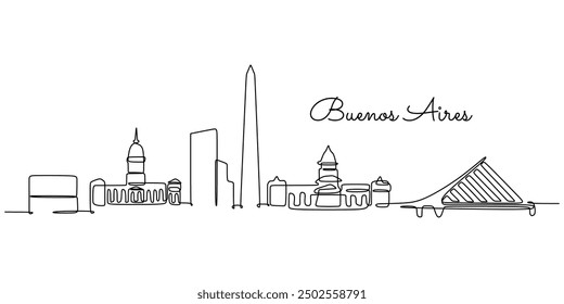 Continuous line drawing of Buenos Aires skyline, Argentina. A major South American city depicted in a modern linear design.