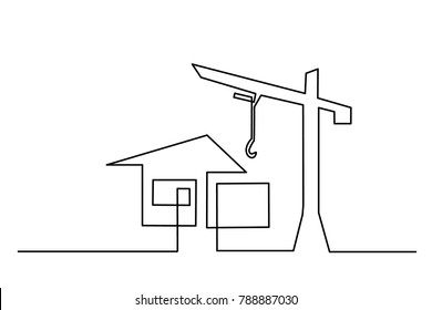 Continuous line drawing. Building, constructing single-story house. close-up. Thin line illustration. Tower crane. Vector isolated outline drawing. Business card, logo.