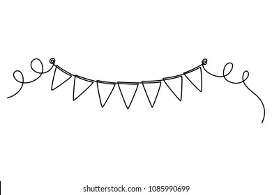 Continuous Line Drawing. Buntings Garland. Party Flags. Symbol Of Celebration. Black Isolated On White Background. Hand Drawn Vector Illustration. 