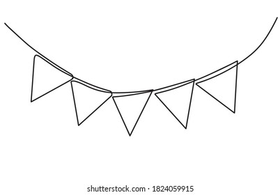 Continuous Line Drawing. Buntings Garland. Party Flags. Symbol Of Celebration. Black Isolated On White Background. Hand Drawn Vector Illustration.