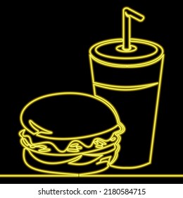 Continuous line drawing burger and cola sign fast food business icon neon glow vector illustration concept