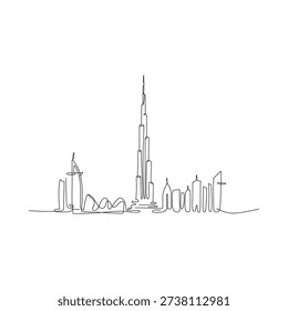 Continuous line drawing of the burj khalifa and dubai skyline