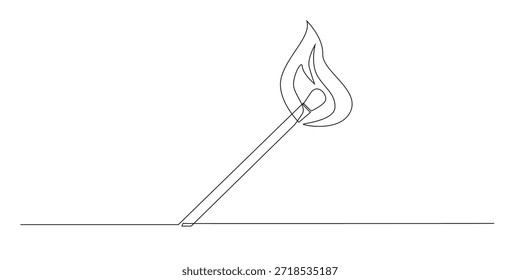 Dibujo continuo de una cerilla ardiente con una llama brillante, que simboliza la ignición, la energía, el calor y el inicio de una idea. Ilustración de una sola línea para conceptos de fuego.
