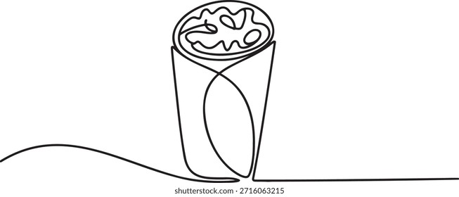 Dibujo de línea continua de un burrito o comida envuelta, ideal para un desayuno o almuerzo rápido. El boceto de contorno captura deliciosa comida rápida, perfecta para llevar o una comida informal. Doodle simple ilustra el concepto de comida en un solo golpe.