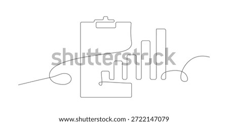 Continuous line drawing of a business clipboard with an upward trending bar graph illustrating data analysis and financial growth concept