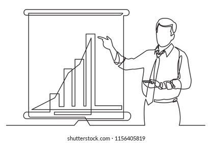 continuous line drawing of business coach showing increasing marketing diagram on presentation screen