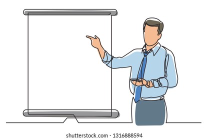 continuous line drawing of business coach showing on presentation screen