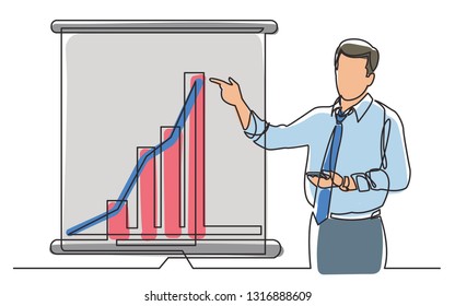 continuous line drawing of business coach showing increasing marketing diagram on presentation screen