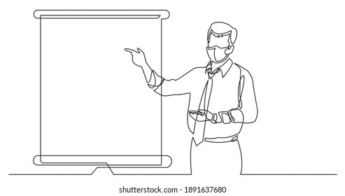 continuous line drawing of business coach wearing face mask showing on presentation screen