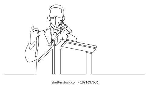 continuous line drawing of business coach wearing face mask talking before audience