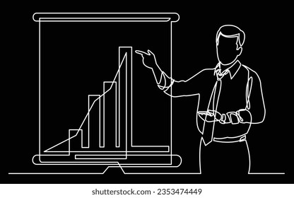 continuous line drawing of business coach showing increasing marketing diagram on presentation screen