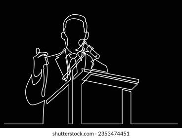 dibujo de línea continua del entrenador de negocios hablando ante la audiencia