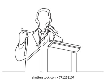 continuous line drawing of business coach talking before audience